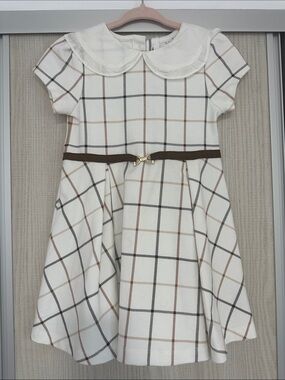Girls Cream Plaid Dress with Brown Accent and Peter Pan Collar